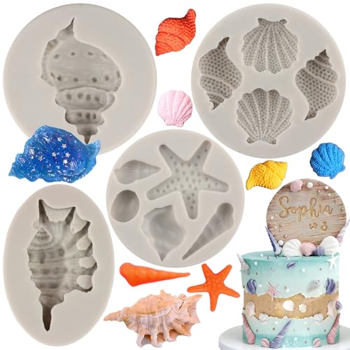 MYPRACS Marine Thema Fondant Silikonform Muschel Seestern Formen für Zucker Handwerk Kuchen dekorieren Cupcake Topper Polymer Ton Süßigkeiten Schokolade Kaugummi Paste Satz von 4 von MYPRACS