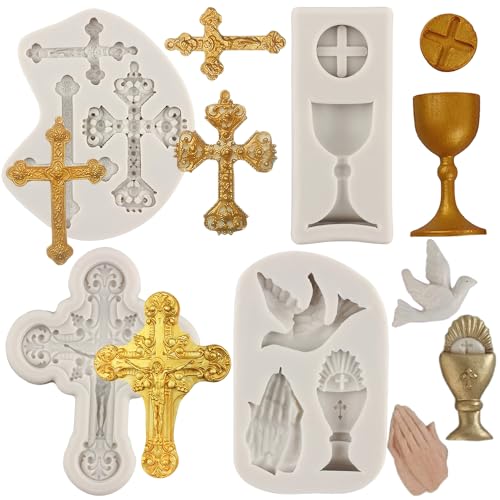 MYPRACS Taufe Kuchen Dekorationen Kreuz Kuchenform Kreuz Silikonformen Kommunion Taube Fondant Formen für Taufe Party Kuchen Dekorieren Cupcake Topper Kaugummi Paste 4 Stück von MYPRACS