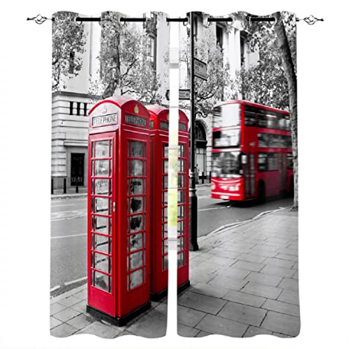 MYQF Kinder Vorhang Blickdicht Thermovorhang London rote Bustelefonzelle Polyester Gardinen Thermovorhang Blickdicht Ösenschal Kindergardinen für Wohnzimmer Schlafzimmer 220x215cm von MYQF