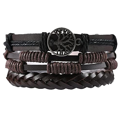 MYRDBT Herren Armband, Lederarmband, geflochtene Armbänder, 3 Sets, böhmische Stretch-Lederarmbänder mit Holzperlen von MYRDBT