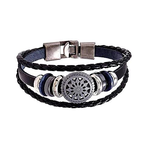 MYRDBT Herren Armband, Lederarmband Hippie Armbänder,Leder Manschettenarmband Mehrsträngiges schwarzes Wickelarmband mit Holzperlen Bohemian Schmuck,Geeignet von MYRDBT