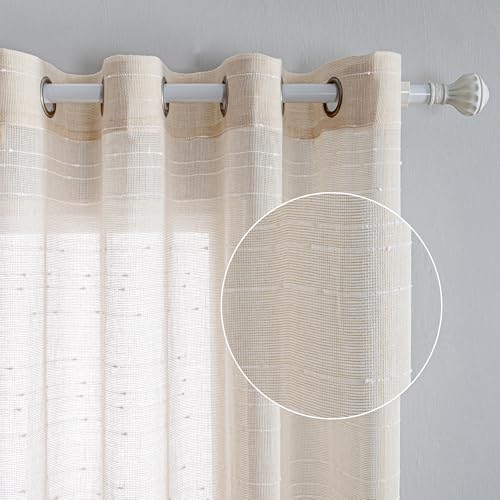 MYSKY HOME Gardine Vorhänge mit Ösen Gardinen Weiss Streifen Vorhang Kurz Wohnzimmer Schlafzimmer 2er Set Halbtransparent Voile Curtains for kinderzimmer, H 160 x B 140 cm, Beige. von MYSKY HOME