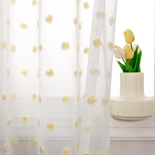 MYSKY HOME Gardine und Vorhänge mit Ösen Weiße Gardinen Wohnzimmer Schlafzimmer Vorhang 2er Set Gardine Halbtransparent Curtains for kinderzimmer, H 260 x B 140 cm, Gelb von MYSKY HOME