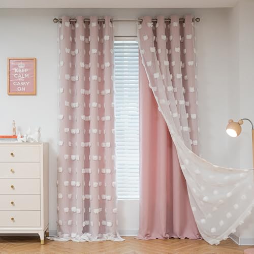 MYSKY HOME Gardinen Kinderzimmer Mädchen Verdunkelungsvorhang 2er Set Vorhänge mit Ösen Weiß Gaze Doppellagige Modern Gardine Wohnzimmer Verdunkelung Vorhang, H 213 x B 132 cm, Rosa von MYSKY HOME