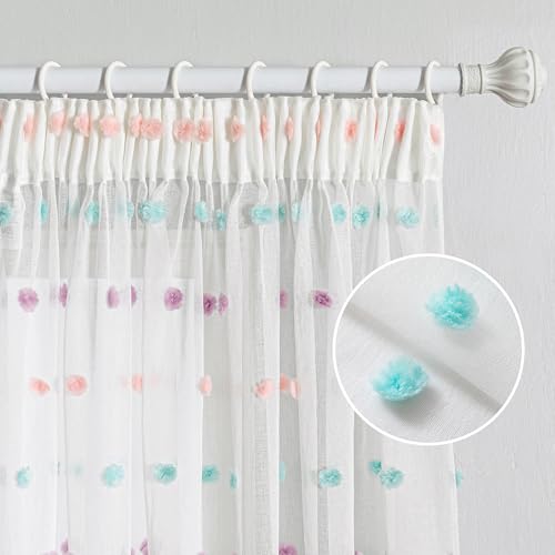 MYSKY HOME Gardinen mit Kräuselband Vorhang Kurz Voile Vorhänge Kinderzimmer Modern für Gardine Regenbogen Sticken Halbtransparent Schiebevorhang Wohnzimmer 2er Set, Farbig, H 160 x B 140 cm von MYSKY HOME