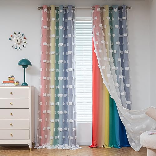 MYSKY HOME Kinderzimmer Gardinen mit Ösen Verdunklungsvorhang Gardine Vorhang Blickdicht Curtain Junge mit Voile Doppellagige Vorhänge Ösenvorhang 2er Set, H 213 x B 132 cm, Regenbogen von MYSKY HOME