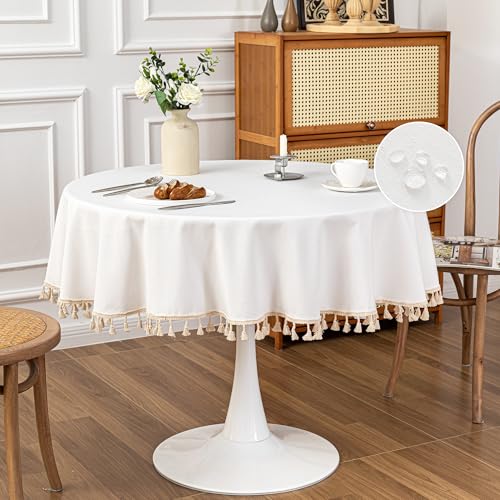 MYSKY HOME Rund 140 cm Durchmesser Tischdecken Abwaschbar Leinenoptik Beige Fransen Tischtuch Wasserabweisende Tischwäsche Klein Gartentischdecke Table Cloth für Camping, Hochzeiten, Geburtstag von MYSKY HOME