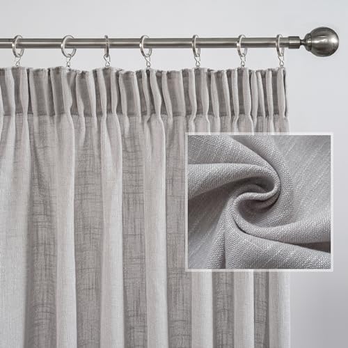 MYSKY HOME Vorhänge Leinenoptik Gardine Wohnzimmer Gardine mit Kräuselband Halbtransparent Vorhang 2er Set H 225 x B 140 cm Natürlicher Stil Gardine Halbtransparent Linen Curtains, Hellgrau von MYSKY HOME