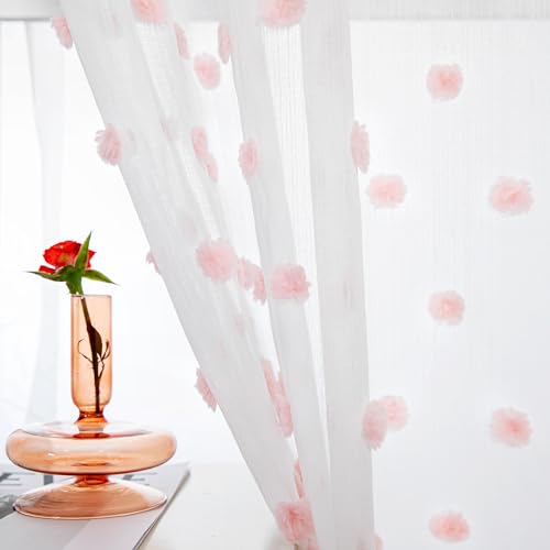 MYSKY HOME Vorhänge mit Ösen Gardinen Wohnzimmer Vorhang Transparent Dekoration für Wohnzimmer Kinderzimmer Schöne Stickerei Gardine 2er Set Modern Schlafzimmer Ösenvorhang, H 175 x B 140 cm, Rosa von MYSKY HOME