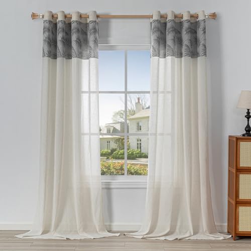 MYSKY HOME Vorhänge und Gardinen Wohnzimmer Gardine mit Ösen Vorhang Blattmuster Boho Leinenoptik 2 Stücke Halbtransparent Beige Voile Curtains for kinderzimmer, H 225 x B 140 cm, Grau von MYSKY HOME