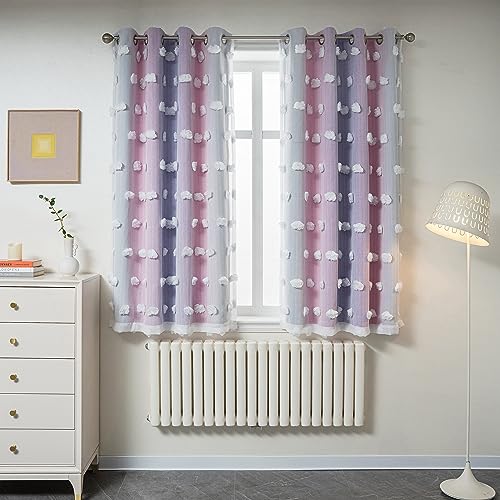 MYSKY HOME Vorhang Kinderzimmer Mädchen Blickdichte Gardine 2er Set Verdunklungsvorhänge Doppellagige Kurz Raumteiler Vorhänge mit Voile Wohnzimmer Gardinen für Zuhause, H 160 x B 132 cm, Rosa+Lila von MYSKY HOME