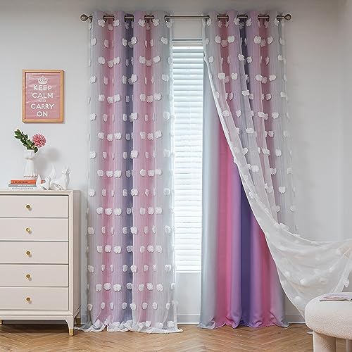 MYSKY HOME Vorhang Kinderzimmer Mädchen Blickdichte Gardine 2er Set Verdunklungsvorhänge Doppellagige Raumteiler Vorhänge mit Voile Wohnzimmer Gardinen für Zuhause, H 213 x B 132 cm, Rosa+Lila von MYSKY HOME