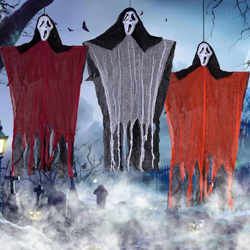 MZJAUVF 3 Stück Halloween Deko Outdoor, Hängende Skelett Halloween, 100cm Halloween Sensenmann Hängegeister, Halloween Deko Gruselig, Halloween Deko Innen für Garten, Patio, Outdoor von MZJAUVF