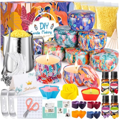 MZJAUVF Kerzen Selber Machen Set, Candle Making, DIY Kerzenherstellung Kit mit 480g Sojawachs, 8 Kerzendosen, 4 Duftöl, 4 Farbblöcken, Gießen,Duftkerze Geschenke Set für Frauen von MZJAUVF