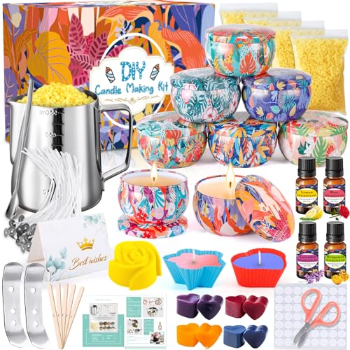 MZJAUVF Kerzen Selber Machen Set, Candle Making, DIY Kerzenherstellung Kit mit 480g Sojawachs, 8 Kerzendosen, 4 Duftöl, 4 Farbblöcken, Gießen,Duftkerze Geschenke Set für Frauen von MZJAUVF