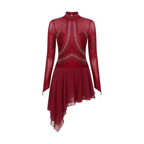 Eiskunstlauf Kleid Damen Eiskunstlaufkleid mit glitzernden Strasssteinen, durchsichtigem Netzstoff, langärmelig, Ballett, Tanz, Gymnastik, Trikot, Kleider, Gesellschaftstanz Eiskunstlaufen Einteiler(D von MZPOZB