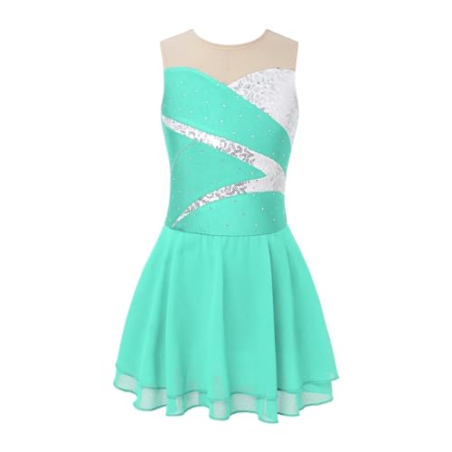 MZSKLW Eiskunstlauf-Kleid Eiskunstlaufkleid for Kinder, Mädchen, Strass, Netzstoff, Spleiß, ärmellos, Ballettkleid, Gymnastik, Trikot, Performance-Kostüme Figur-Eiskunstlauf-Kleid(Light Green A,14) von MZSKLW