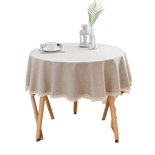 MZSKLW Runde Tischdecke 1PC Einfarbig Runde Tischdecke Mit Spitze Baumwolle Leinen Tischdecke Hochzeit Esszimmer Tee Tisch Dekoration Abdeckung Tischdecke Outdoor(Beige,Round Diameter 120cm) von MZSKLW