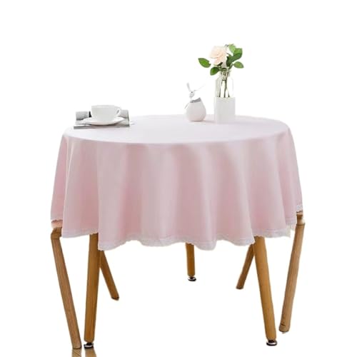 MZSKLW Runde Tischdecke 1PC Einfarbig Runde Tischdecke Mit Spitze Baumwolle Leinen Tischdecke Hochzeit Esszimmer Tee Tisch Dekoration Abdeckung Tischdecke Outdoor(Pink,Round Diameter 140cm) von MZSKLW