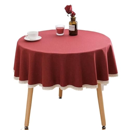 MZSKLW Runde Tischdecke 1PC Einfarbig Runde Tischdecke Mit Spitze Baumwolle Leinen Tischdecke Hochzeit Esszimmer Tee Tisch Dekoration Abdeckung Tischdecke Outdoor(Red,Round Diameter 160cm) von MZSKLW