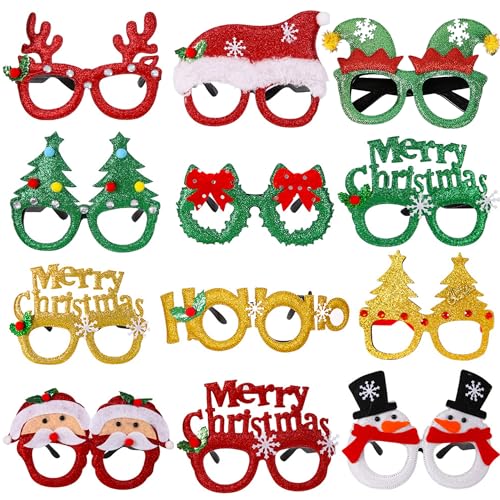 MZSX 12pcs Weihnachten Glitter Party Brille, Weihnachtsdekoration Brillen, Selfie Prop Xmas Brille Weihnachtsbaum Geweih Schneemann Weihnachtsmann, Urlaub Party Xmas Dekorationen Ornamente Geschenk von MZSX