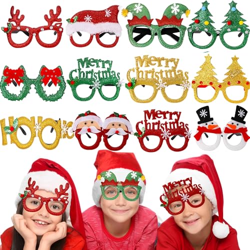 MZSX 12pcs Weihnachten Glitter Party Brille, Weihnachtsdekoration Brillen, Selfie Prop Xmas Brille Weihnachtsbaum Geweih Schneemann Weihnachtsmann, Urlaub Party Xmas Dekorationen Ornamente Geschenk von MZSX