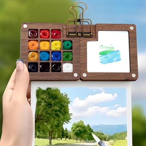 MZSX Mini-Aquarellpalette mit 15 Fächer, Tragbare Palette, Mini Palette Aquarell mit Binder-Clips, Hölzerne Palette, Portable Aquarell Palette Mini Travel für Maler, Künstler, Studenten von MZSX