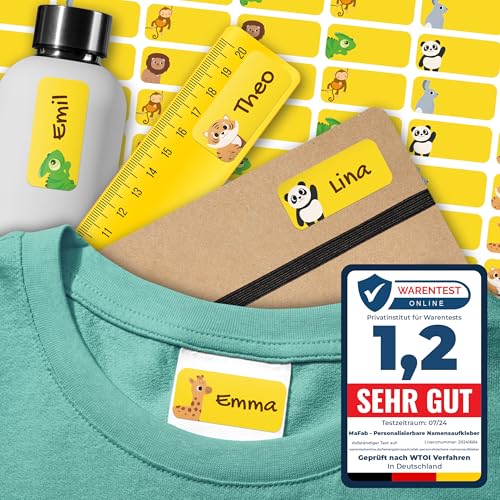 Namensaufkleber für Kinder (108 Stk. 30x13 mm) - Wasserfeste Namensschilder für Kleidung, Textilien und Gegenstände - Optimal für Kita, Kindergarten und Schule - Schöne Motive personalisierbar von MaFab Products