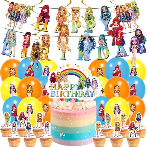 38PCS Rainbow Doll Geburtstag Party Rainbow Doll Dekorationsset Geburtstagsparty Dekorationen Rainbow Doll Happy Birthday Banner Torteneinlage Cupcake Topper Kinderthemenparty Luftballons von MaSif