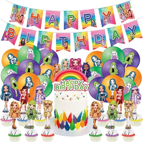 44PCS Rainbow Doll Geburtstag Party Rainbow Doll Dekorationsset Geburtstagsparty Dekorationen Rainbow Doll Happy Birthday Banner Torteneinlage Cupcake Topper Kinderthemenparty Luftballons von MaSif