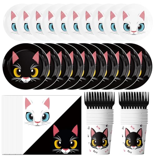 80 Stück Katze Party Geschirr, Katze Party Supplies, Katzenstil Cat Partyzubehör Dekoration Kindergeburtstag Deko, Cat Katze Party Set Einschließlich Tellern Aus Papier Servietten Tassen von MaSif