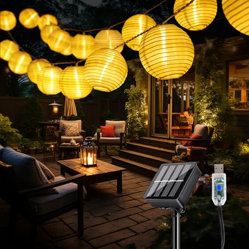 Solar Lichterkette Aussen Lampions, 8M 40 LED Lampion Solarlichterkette Außen Wetterfest Laternen, 8 Modi USB-Aufladung Und Solarlampen für Außen Garten,Balkon,Terrasse,Hof Deko (Warmweiß) von Macchiatto