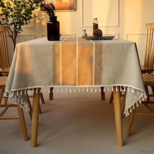 Baumwoll Leinen Abwaschbar Staubdicht Tischdecke Rechteckige Gitter-Stickerei Quaste Tischtuch Wasserabweisend Tischwäsche für Picknick Küche Tischdekoration(Beige/Kaffee,100 x 160 cm) von Machbaby