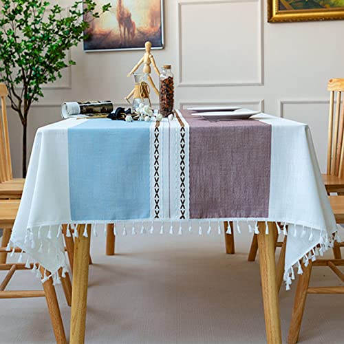 Baumwoll Leinen Abwaschbar Staubdicht Tischdecke Rechteckige Gitter-Stickerei Quaste Tischtuch Wasserabweisend Tischwäsche für Picknick Küche Tischdekoration(Blau/braun Gitter,110 x 110 cm) von Machbaby