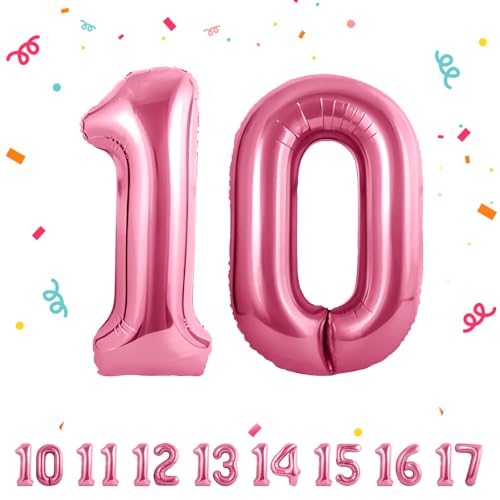 10 Geburtstag Deko zahlen luftballon 10 jahre | Folienballon Rosa - für 10. Geburtstagsdeko Männer Frauen Ballon Zahl Deko zum Geburtstag fliegt mit Helium 10.Geburtstagsparty 40"-101cm von Maclunar