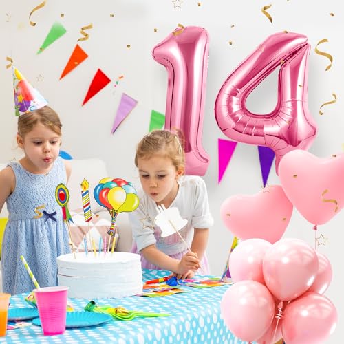 14 Geburtstag Deko zahlen luftballon 14 jahre | Folienballon Rosa - für 14. Geburtstagsdeko Männer Frauen Ballon Zahl Deko zum Geburtstag fliegt mit Helium 14.Geburtstagsparty 40"-101cm von Maclunar