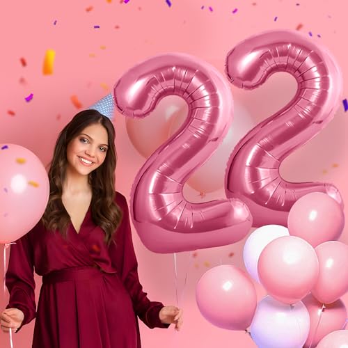 22 Geburtstag Deko zahlen luftballon 22 jahre | Folienballon Rosa - für 22. Geburtstagsdeko Männer Frauen Ballon Zahl Deko zum Geburtstag fliegt mit Helium 22.Geburtstagsparty 40"-101cm von Maclunar