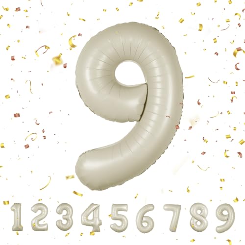 Geburtstag zahlen luftballon 9 jahre | Folienballon Kindergeburtstag Deko 9 XXL Beige-Riesen Folienballon in 40" - 101cm Geburtstagsdeko - Ballon Zahl Deko zum Geburtstag - fliegt mit Helium Beige9 von Maclunar