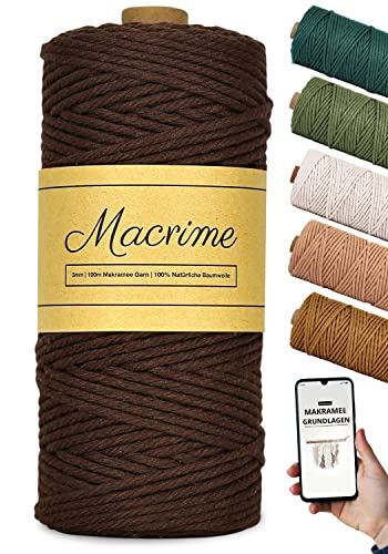 Macrime Premium Makramee Garn Braun | 3mm x 100m | Anleitung/Ebook | 100% natürliche Baumwolle | 4 Stränge geflochtenes Baumwollgarn | DIY Macrame Garn zum Basteln von Macrime