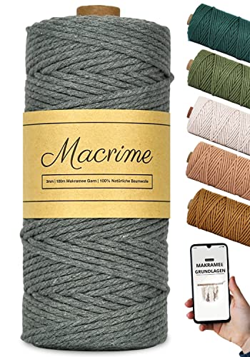 Macrime Premium Makramee Garn Dunkelgrau 3mm x 100m + Anleitung/Ebook - 100% natürliche Baumwolle, 4-Fach gezwirntes Baumwollgarn - DIY Baumwollkordel zum Basteln von Macrime