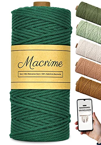 Macrime Premium Makramee Garn Dunkelgrün 3mm x 100m + Anleitung/Ebook - 100% natürliche Baumwolle, 4-Fach gezwirntes Baumwollgarn - DIY Baumwollkordel zum Basteln von Macrime