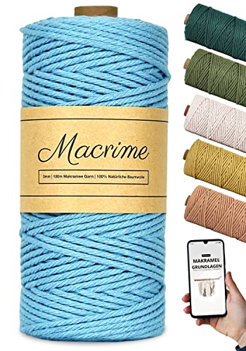 Macrime Premium Makramee Garn Hellblau 3mm x 100m + Anleitung/Ebook - 100% natürliche Baumwolle, 4-Fach gezwirntes Baumwollgarn - DIY Baumwollkordel zum Basteln von Macrime