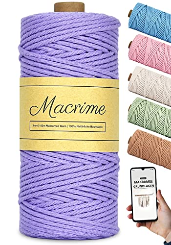 Macrime Premium Makramee Garn Lavendel 3mm x 100m + Anleitung/Ebook - 100% natürliche Baumwolle, 4-Fach gezwirntes Baumwollgarn - DIY Baumwollkordel zum Basteln von Macrime