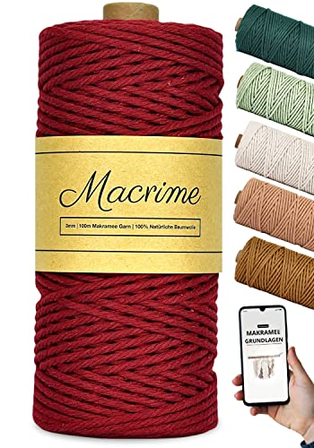 Macrime Premium Makramee Garn Weinrot 3mm x 100m + Anleitung/Ebook - 100% natürliche Baumwolle, 4-Fach gezwirntes Baumwollgarn - DIY Baumwollkordel zum Basteln von Macrime