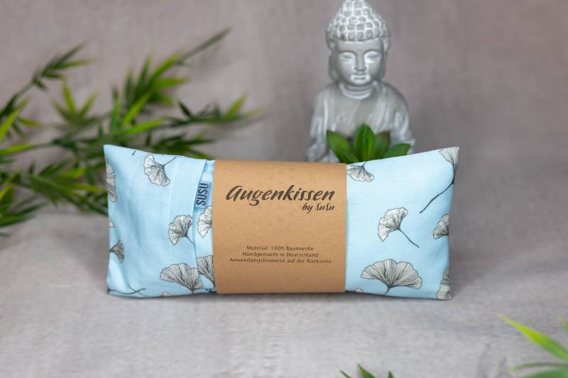 Augenkissen Hellblau Ginkgo Yoga Meditation Entspannung Homeoffice Lavendel Sandelholz Palo Santo Baumwolle Vegan von MadeBySuSu