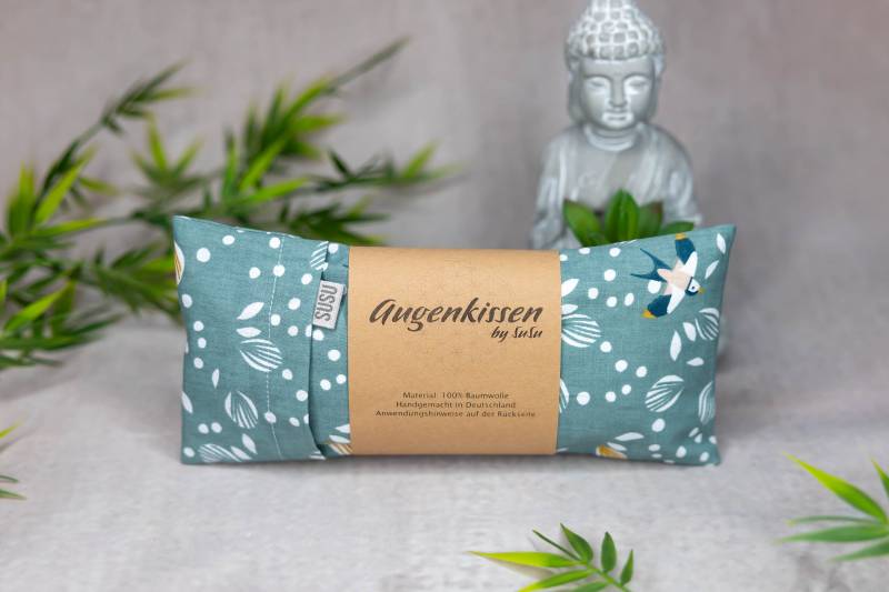 Augenkissen Mint Hellblau Schwalben Yoga Meditation Entspannung Homeoffice Lavendel Sandelholz Baumwolle Vegan von MadeBySuSu