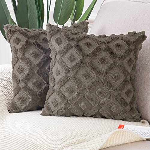 Madizz 2er Set Sanft Plüsch Kurze Wolle Samt Dekorativ Zierkissenbezüge Luxus Stil Kissenbezug für Sofa für Schlafzimmer Taupe 30x30 cm Quadrat von Madizz