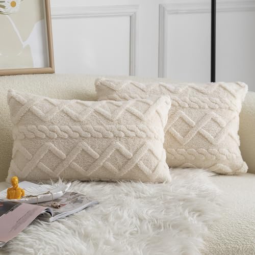 Madizz 2er Set Doppelseitig Kurze Wolle Kissenbezüge Dekorative Zierkissenbezüge für Schlafzimmer Sofa Kissenhülle 30x50 cm Creme Weiß von Madizz