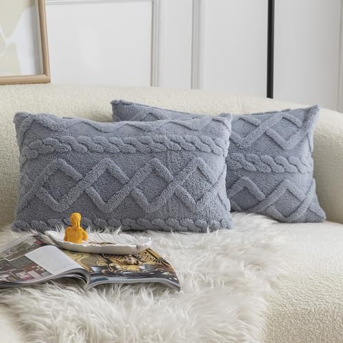 Madizz 2er Set Doppelseitig Kurze Wolle Kissenbezüge Dekorative Zierkissenbezüge für Schlafzimmer Sofa Kissenhülle 30x50 cm Grau Blau von Madizz