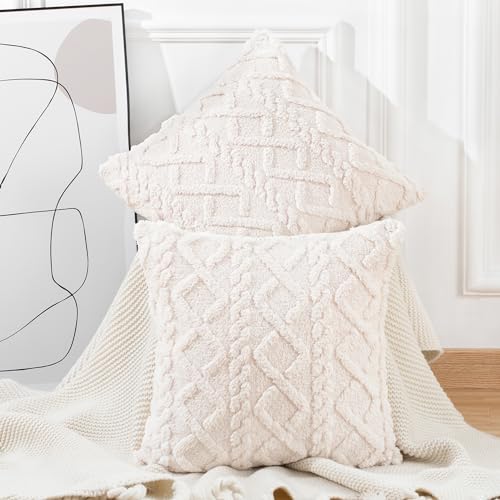 Madizz 2er Set Sanft Kurze Wolle Fleece Dekorativ Zierkissenbezüge Luxus Stil Kissenbezug für Sofa für Schlafzimmer Beige 40x40 cm Quadrat von Madizz